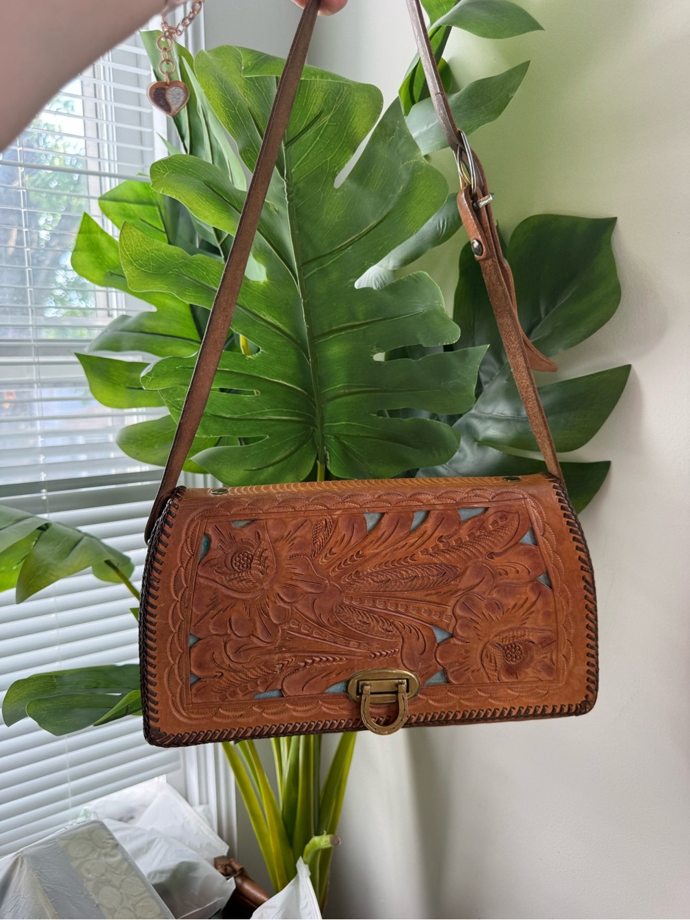 Vintage Brown Tooled Leather Shoulder Bag with Turquoise Inlay